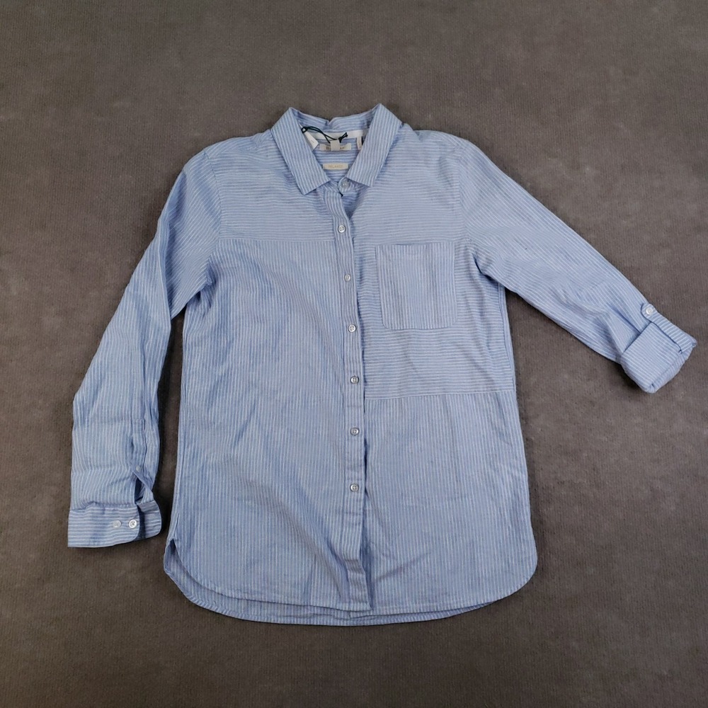 Barbour Beachfront Shirt Womens Size 4 Blue White Striped Button Up Roll Tab‎